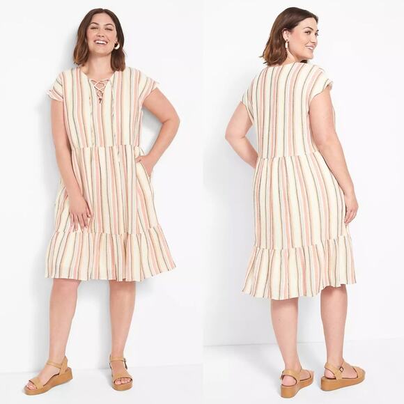 Lane Bryant Dresses & Skirts - Lane Bryant Dolman-Sleeve Midi‎ Swing Dress Striped With Lace-Up Detail Size 20